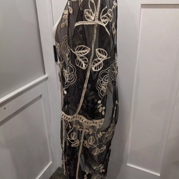 Embroided Lace Sheer Women Robe Kimono Cover Up Duster - Picture 6 of 8